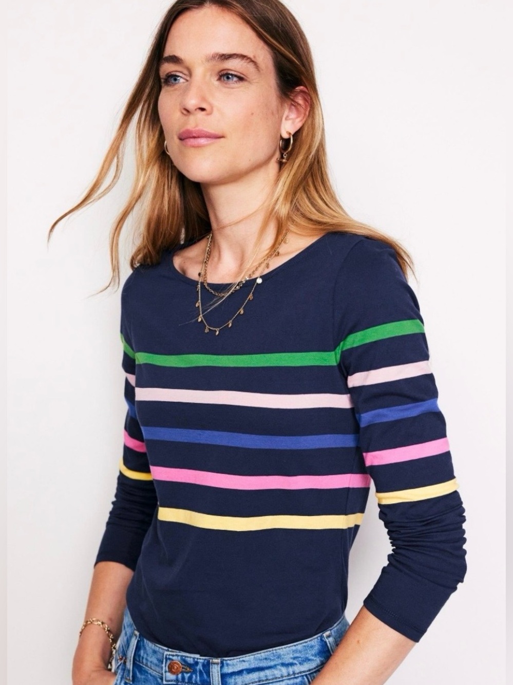 NWT Boden Ella Long Sleeved Navy Top Tee with Multicolored Striping. Size 10